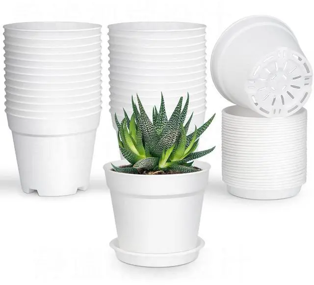 Main image of 28 Pack 4 inch Small Plant Pots, Plastic Planters with Drainage Holes and Saucers for Flowers Plants, Succulents, Seed Starting Pots, White