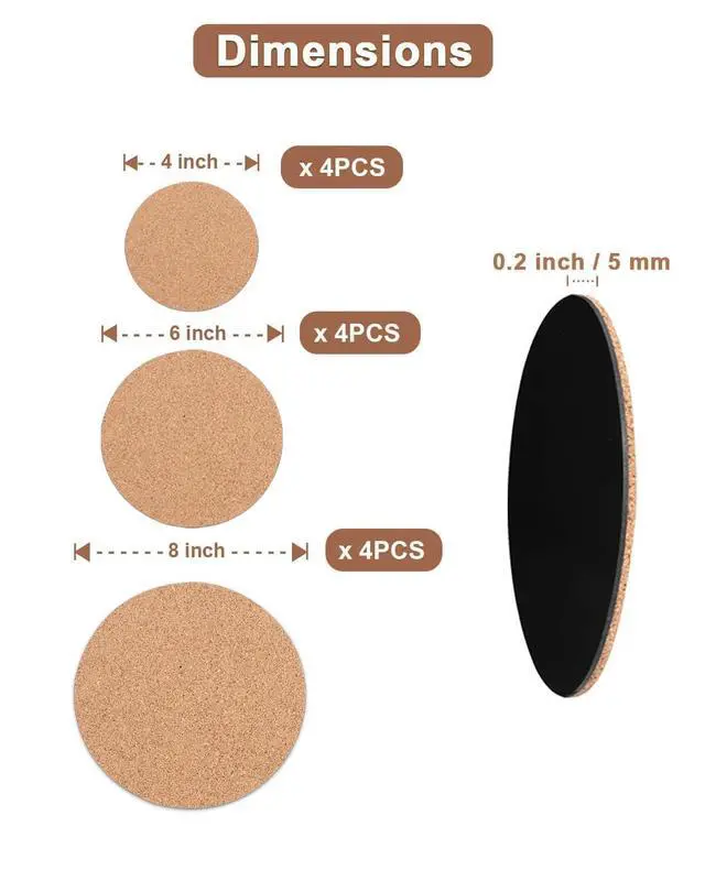 Alt view image 2 of 6 - Cork Plant Coasters, 12 Pack Plant Mats in 4/6/8 Inch for Pots | 12 Pack Cork Plant Coasters in 4/6/8 Inch Sizes, Round Absorbent Mats Help Protect Tables and Floors from Water Marks