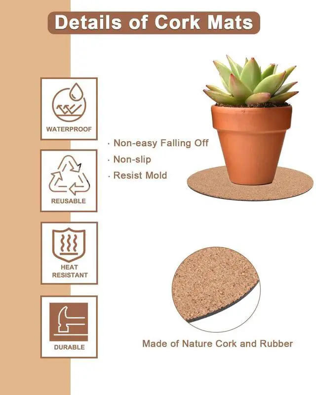 Alt view image 3 of 6 - Cork Plant Coasters, 12 Pack Plant Mats in 4/6/8 Inch for Pots | 12 Pack Cork Plant Coasters in 4/6/8 Inch Sizes, Round Absorbent Mats Help Protect Tables and Floors from Water Marks