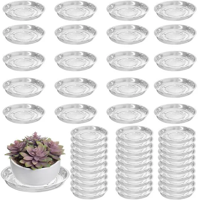 Main image of 50 Packs 4" Small Clear Plant Saucers for Indoor Outdoor Use Heavy Duty Plastic Plant Trays for Planter Bulk Flower Pot Drip Trays to Catch Water, 4 to 20 Inch, Round Transparent