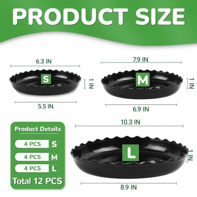 Alt view image 2 of 7 - 12 Packs Wave Plant Saucer - Plastic Flower Pot Drip Trays/Durable Heavy Duty Black Plant Tray for Indoor and Out Door Plant(6/8/10 inch)
