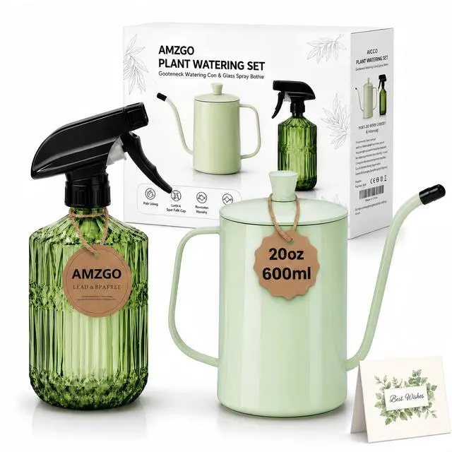 Main image of 2 Pack Small Watering Can for Indoor Plants, 20 oz Metal Plant Watering Can with Long Spout for House Plants, 13.5 oz Glass Plant Mister Spray Bottle for Bonsai Garden Flowers Decorative