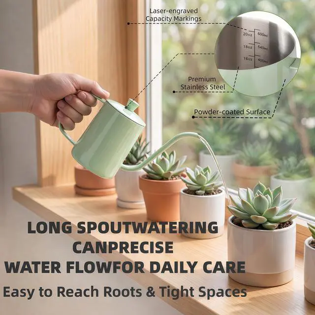 Alt view image 2 of 7 - 2 Pack Small Watering Can for Indoor Plants, 20 oz Metal Plant Watering Can with Long Spout for House Plants, 13.5 oz Glass Plant Mister Spray Bottle for Bonsai Garden Flowers Decorative