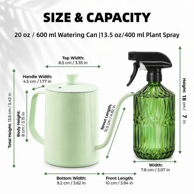 Alt view image 3 of 7 - 2 Pack Small Watering Can for Indoor Plants, 20 oz Metal Plant Watering Can with Long Spout for House Plants, 13.5 oz Glass Plant Mister Spray Bottle for Bonsai Garden Flowers Decorative