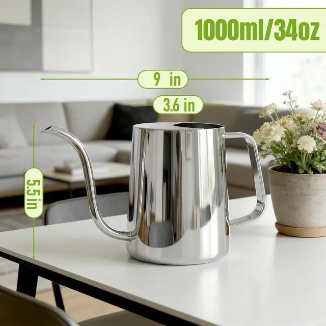Alt view image 2 of 6 - Plant Watering Can, 304 Stainless Steel Watering Can Indoor, 34 oz | Long spout reaches roots; ergonomic handle controls pouring, with 1000 ml capacity for indoor plants at home or office