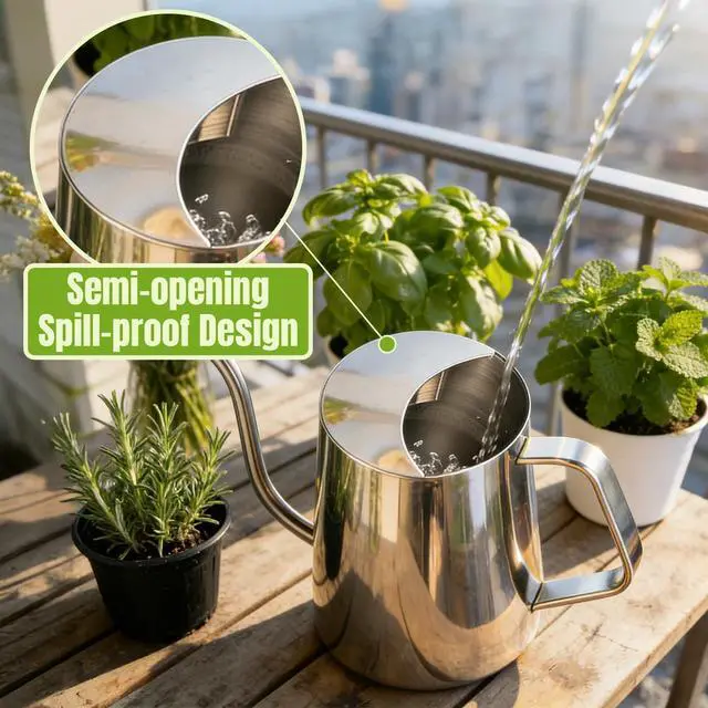 Alt view image 4 of 6 - Plant Watering Can, 304 Stainless Steel Watering Can Indoor, 34 oz | Long spout reaches roots; ergonomic handle controls pouring, with 1000 ml capacity for indoor plants at home or office