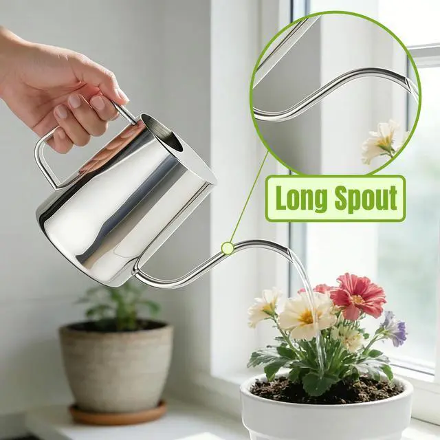 Alt view image 3 of 6 - Plant Watering Can, 304 Stainless Steel Watering Can Indoor, 34 oz | Long spout reaches roots; ergonomic handle controls pouring, with 1000 ml capacity for indoor plants at home or office