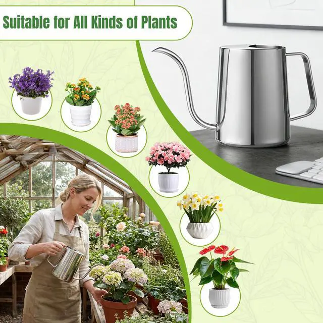 Alt view image 6 of 6 - Plant Watering Can, 304 Stainless Steel Watering Can Indoor, 34 oz | Long spout reaches roots; ergonomic handle controls pouring, with 1000 ml capacity for indoor plants at home or office