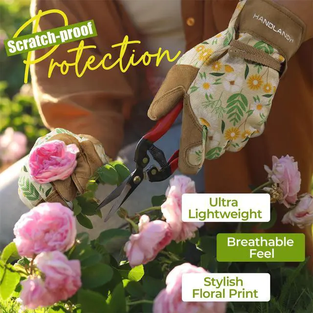 Alt view image 3 of 7 - Gardening Gloves for Women, Leather Garden Glove Gardener Gift, M | Breathable Floral Ladies Leather Garden Yard Gloves, for Trimming, Weeding, Digging, Planting, Pruning