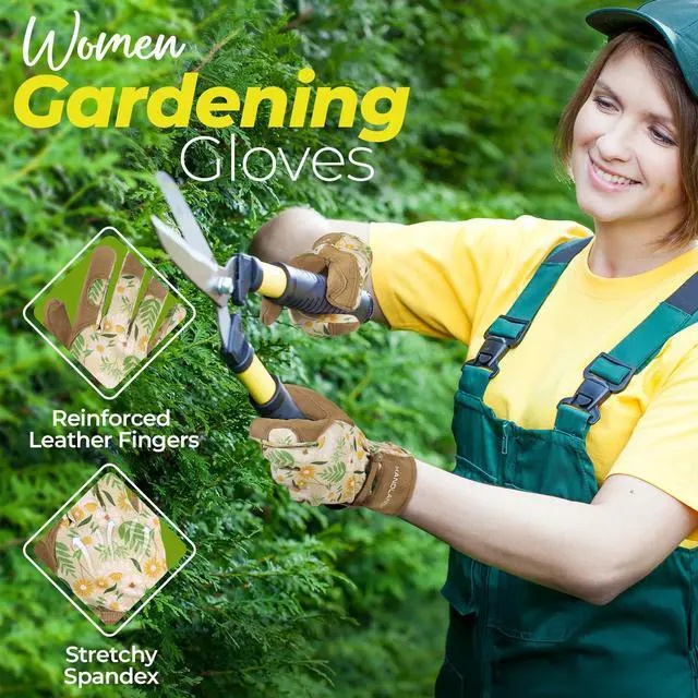 Alt view image 4 of 7 - Gardening Gloves for Women, Leather Garden Glove Gardener Gift, M | Breathable Floral Ladies Leather Garden Yard Gloves, for Trimming, Weeding, Digging, Planting, Pruning