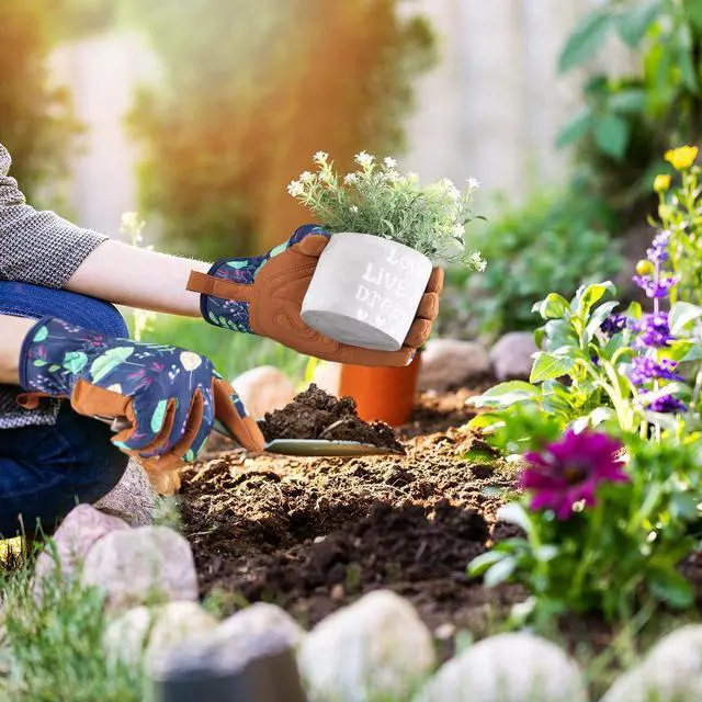 Alt view image 4 of 7 - Leather Gardening Gloves for Women - Working Gloves for Weeding, Digging, Planting, Raking and Pruning (B-Blue) Medium | Breathable Garden Gloves with a Padded Palm