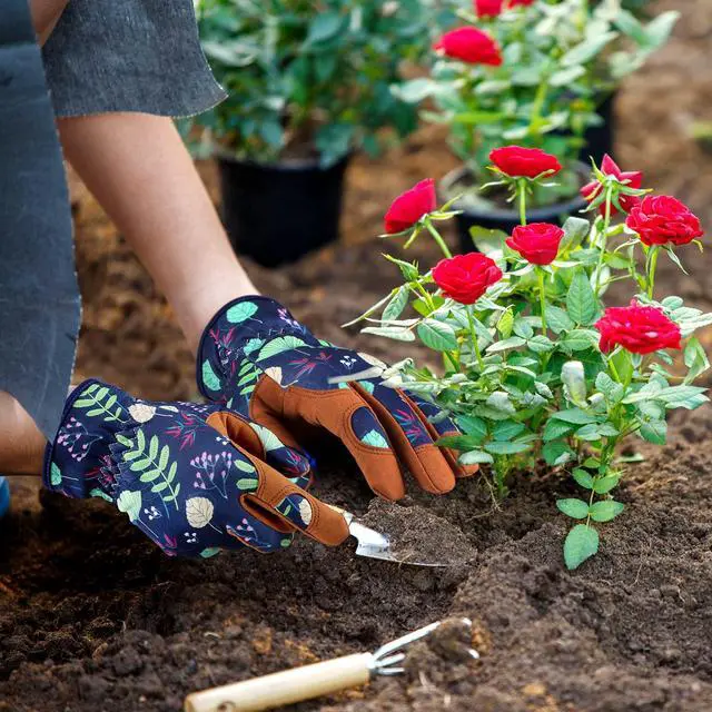 Alt view image 5 of 7 - Leather Gardening Gloves for Women - Working Gloves for Weeding, Digging, Planting, Raking and Pruning (B-Blue) Medium | Breathable Garden Gloves with a Padded Palm