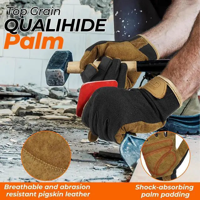 Alt view image 2 of 7 - Work Gloves for Men & Women, Flexible Breathable Gardening Gloves for Yard Maintenance, Leather Utility Mechanic Working Gloves Touch Screen (Large, 1 Pair)