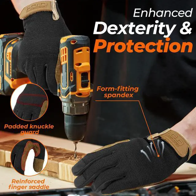 Alt view image 3 of 7 - Work Gloves for Men & Women, Flexible Breathable Gardening Gloves for Yard Maintenance, Leather Utility Mechanic Working Gloves Touch Screen (Large, 1 Pair)