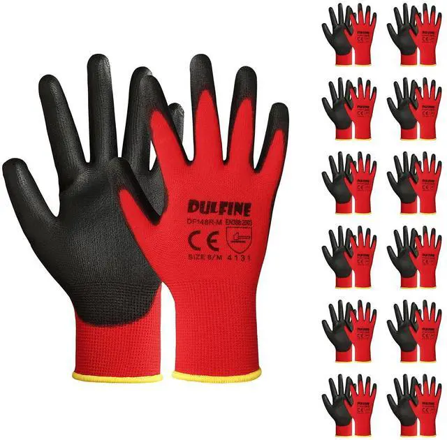 Main image of Safety Work Gloves for Men & Women 12 Pairs, PU Coated Red L | Seamless Knit, Smooth Grip on Palm & Fingers, Ideal for General Duty Work, Landscaping, Mechanic, Warehouse, Construction