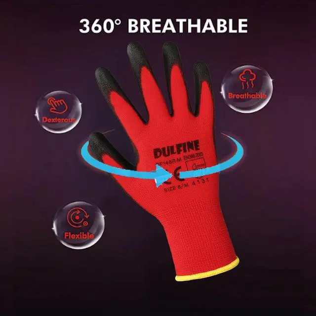 Alt view image 2 of 7 - Safety Work Gloves for Men & Women 12 Pairs, PU Coated Red L | Seamless Knit, Smooth Grip on Palm & Fingers, Ideal for General Duty Work, Landscaping, Mechanic, Warehouse, Construction