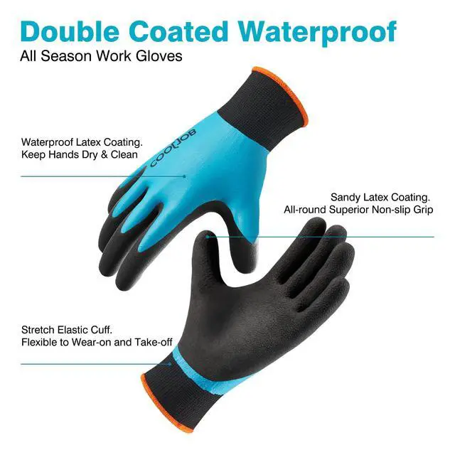 Alt view image 2 of 5 - Waterproof Gardening Work Gloves with grip for Women & Men, Double Rubber Coated for Garden Yard Outdoor Construction Worker, Blue Medium Size 2 Pairs
