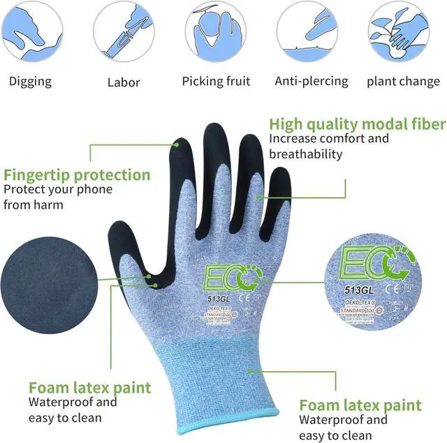 Alt view image 2 of 5 - 7 Pairs Women Gardening Gloves, EN388 2131X Outdoor Protective Work Gloves with Breathable Micro-Foam Coating for Gardening, General Purpose, Courtyard, 3 Purple + 3Blue +1 Grey