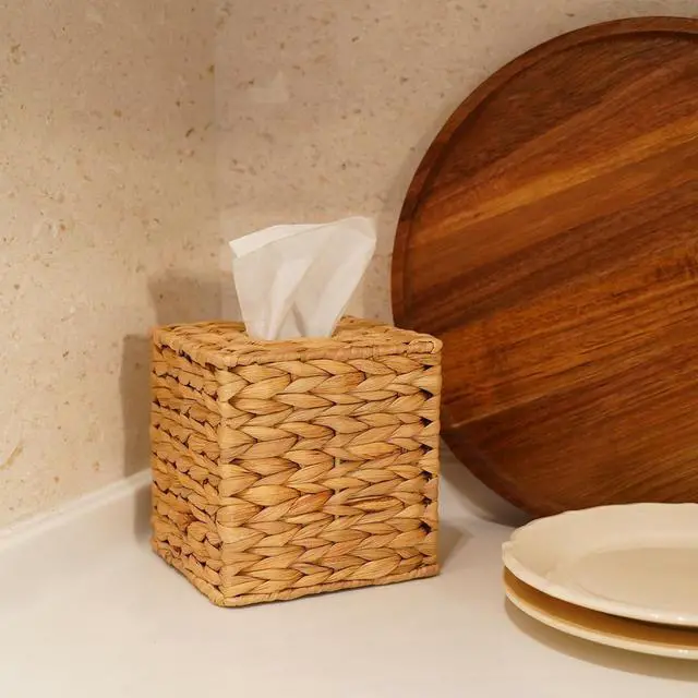 Alt view image 5 of 7 - Water Hyacinth Handwoven Tissue Box Cover, Natural Handmade Wicker Napkin Box Holder, Handcrafted Square Facial Tissue, Rustic Decorative on Table and Bathroom, Office, Boho Decorative