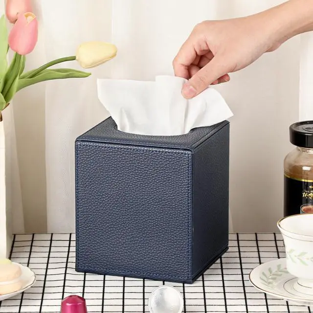 Alt view image 2 of 7 - Tissue Box Cover Square,Magnetic Bottom PU Tissue Box Holder,Blue | Stylish Cube Leather Tissue Cover,Lychee Pattern, Decorative Tissue Box Covers for Living Room Bathroom Table Desk Office Car