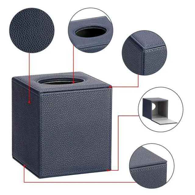 Alt view image 4 of 7 - Tissue Box Cover Square,Magnetic Bottom PU Tissue Box Holder,Blue | Stylish Cube Leather Tissue Cover,Lychee Pattern, Decorative Tissue Box Covers for Living Room Bathroom Table Desk Office Car