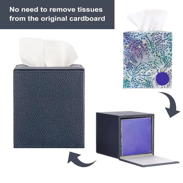 Alt view image 6 of 7 - Tissue Box Cover Square,Magnetic Bottom PU Tissue Box Holder,Blue | Stylish Cube Leather Tissue Cover,Lychee Pattern, Decorative Tissue Box Covers for Living Room Bathroom Table Desk Office Car
