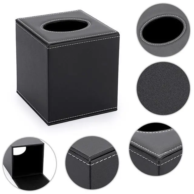 Alt view image 4 of 7 - Square Tissue Box Cover,Magnetic Bottom PU Tissue Box Holder,Black | Elegant Cube Leather Tissue Box Covers,Decorative Tissue Box for Vanity Dresser Night Stand Table Countertop Office Car