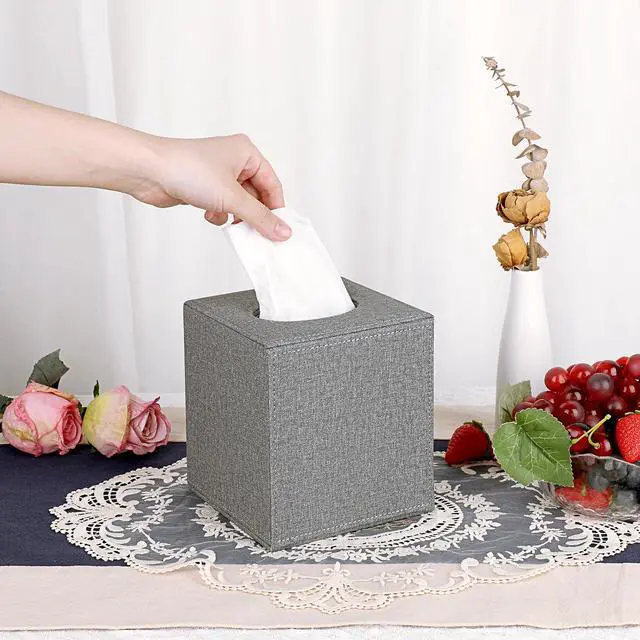 Alt view image 2 of 7 - Square Linen Tissue Box Cover - Stylish Cube Tissue Box Holder with Magnetic Bottom, Decorative Tissue Box for Vanity Toilet Dresser Night Stand Table Countertop Home Office Car