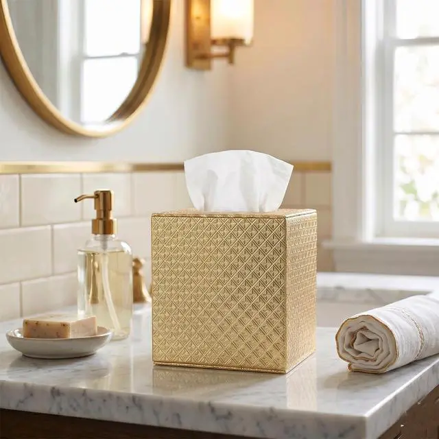 Alt view image 3 of 7 - Gold Tissue Box Cover,Tissue Box Cover Square,Gold Tissue Box Holders,Tissue Holder for Bathroom Accessories,Bathroom Tissue Holders