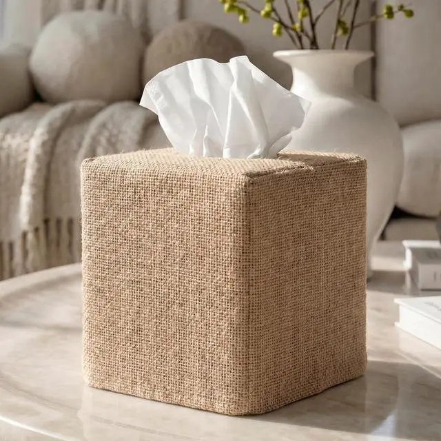 Main image of Stylish Tissue Box Cover - Burlap Holder for Square Tissue Boxes | Instantly Conceals the Ugly Cardboard for a Clean Look - The Perfect Fall Decorative Cube for Any Bathroom or Home