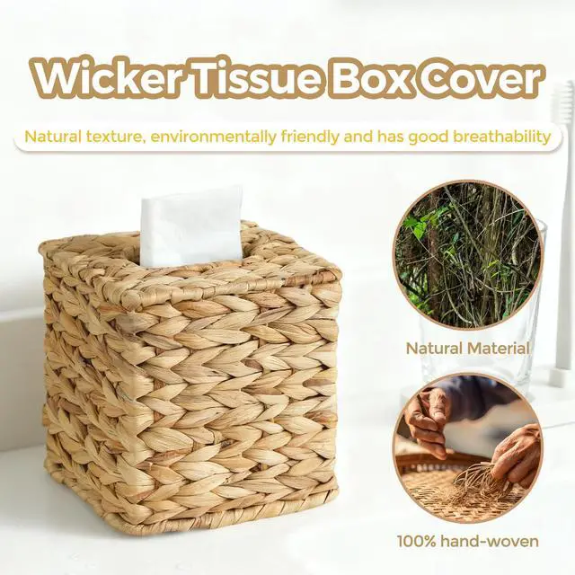 Alt view image 2 of 7 - Wicker Tissue Box Cover, Rattan Tissue Box Holder Square | Boho Decorative Woven Water Hyacinth Cube Tissue Holders for Bathroom Living Room Kitchen