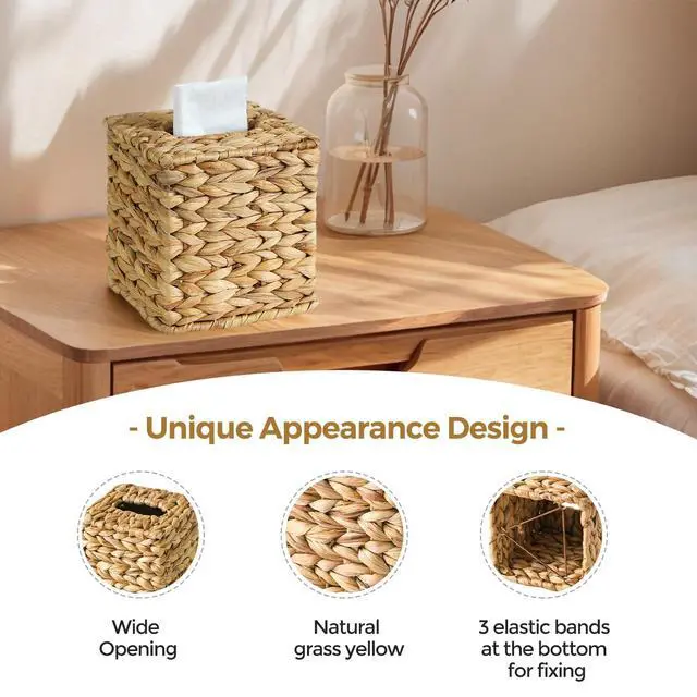 Alt view image 4 of 7 - Wicker Tissue Box Cover, Rattan Tissue Box Holder Square | Boho Decorative Woven Water Hyacinth Cube Tissue Holders for Bathroom Living Room Kitchen