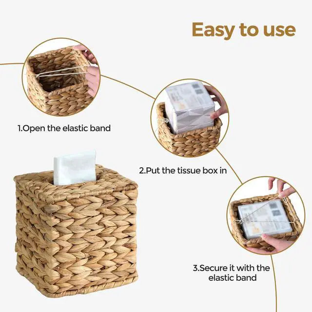 Alt view image 5 of 7 - Wicker Tissue Box Cover, Rattan Tissue Box Holder Square | Boho Decorative Woven Water Hyacinth Cube Tissue Holders for Bathroom Living Room Kitchen