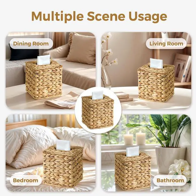 Alt view image 7 of 7 - Wicker Tissue Box Cover, Rattan Tissue Box Holder Square | Boho Decorative Woven Water Hyacinth Cube Tissue Holders for Bathroom Living Room Kitchen