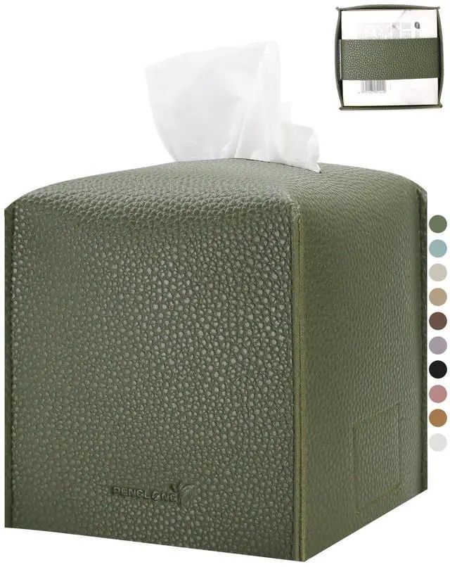 Main image of Tissue Box Cover 5X5X5'' PU Leather Tissue Holder Square Tissue Cube Box Organizer for Bathroom Vanity Countertop, Car, Night Stands, Office, Home, Kitchen (1Pack, Dark Green)