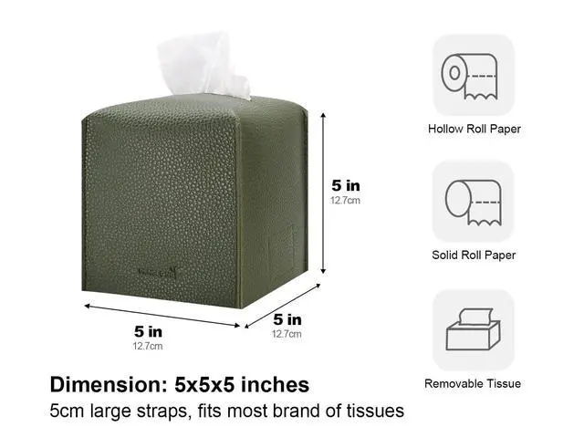 Alt view image 5 of 6 - Tissue Box Cover 5X5X5'' PU Leather Tissue Holder Square Tissue Cube Box Organizer for Bathroom Vanity Countertop, Car, Night Stands, Office, Home, Kitchen (1Pack, Dark Green)