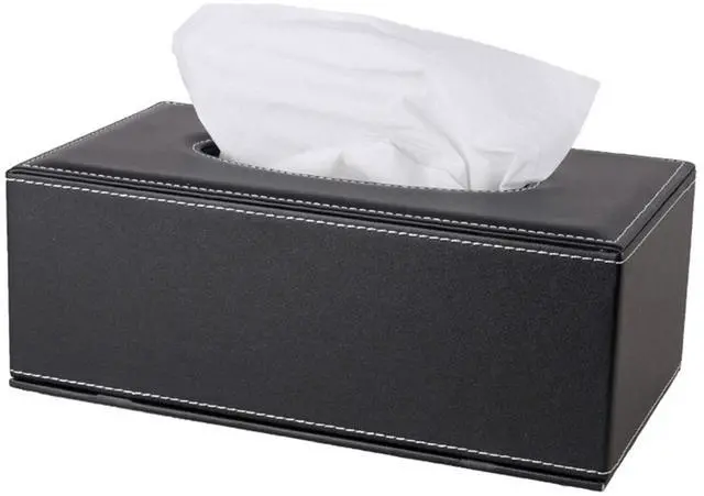 Main image of High-end Fashion PU Leather Tissue Box Holder Black with lid, Rectangular Napkin Facial Tissues Holder Dispenser,Home Office Car Tissue Box Cover Decorative Container with Magnetic Bottom (Black)