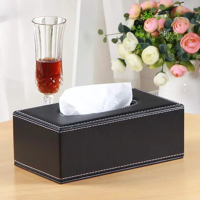 Alt view image 4 of 7 - High-end Fashion PU Leather Tissue Box Holder Black with lid, Rectangular Napkin Facial Tissues Holder Dispenser,Home Office Car Tissue Box Cover Decorative Container with Magnetic Bottom (Black)