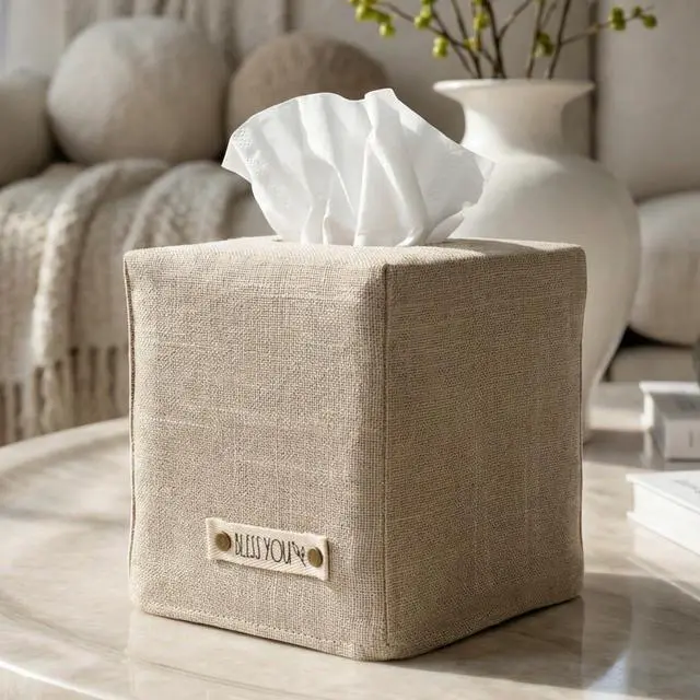 Main image of Stylish Tissue Box Cover - Beige Linen Holder for Square Tissue Boxes | Instantly Conceals the Ugly Cardboard for a Clean Look - The Perfect Cube for Any Bathroom or Home