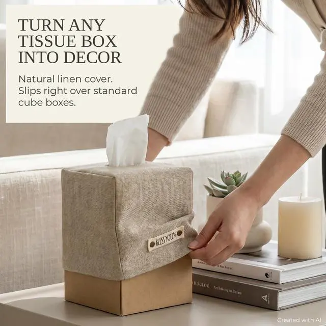 Alt view image 3 of 7 - Stylish Tissue Box Cover - Beige Linen Holder for Square Tissue Boxes | Instantly Conceals the Ugly Cardboard for a Clean Look - The Perfect Cube for Any Bathroom or Home