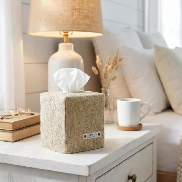 Alt view image 2 of 7 - Stylish Tissue Box Cover - Beige Linen Holder for Square Tissue Boxes | Instantly Conceals the Ugly Cardboard for a Clean Look - The Perfect Cube for Any Bathroom or Home