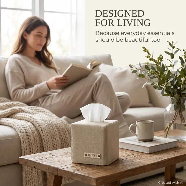 Alt view image 5 of 7 - Stylish Tissue Box Cover - Beige Linen Holder for Square Tissue Boxes | Instantly Conceals the Ugly Cardboard for a Clean Look - The Perfect Cube for Any Bathroom or Home