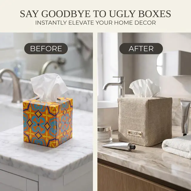 Alt view image 6 of 7 - Stylish Tissue Box Cover - Beige Linen Holder for Square Tissue Boxes | Instantly Conceals the Ugly Cardboard for a Clean Look - The Perfect Cube for Any Bathroom or Home