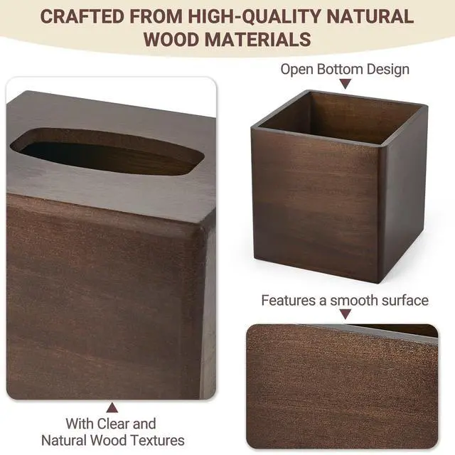Alt view image 4 of 6 - Tissue Box Cover Square, Rustic Wood Open-Bottom Holder, Dark Brown | Decorative Tissue Holder, Modern Farmhouse Decor, Desk Organizer, Bedroom Guest Room Bathroom living Room Office Dorm