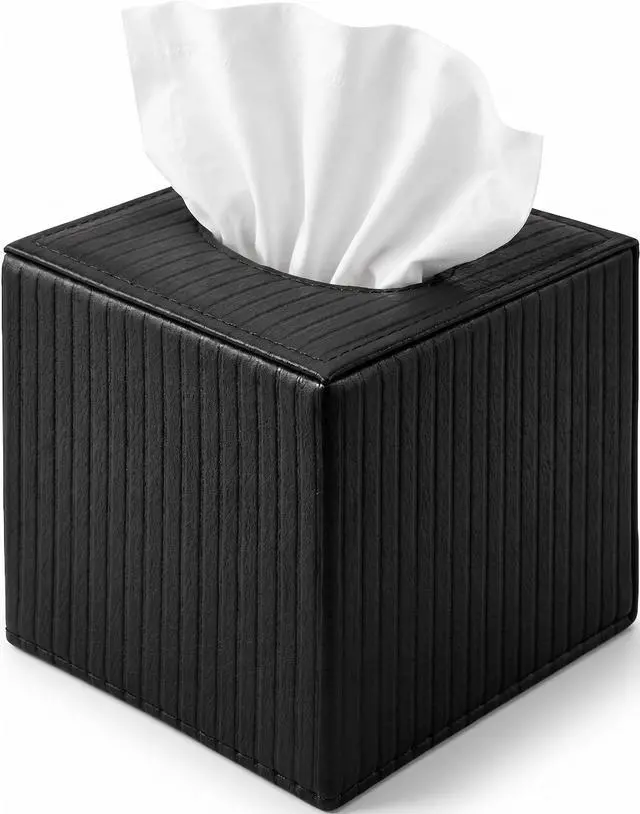 Main image of Black Square PU Leather Tissue Box Cover with Magnetic Bottom Stylish Cube Holder for Napkins, Decorative for Bathroom, Living Room, Office, Car, Nightstand