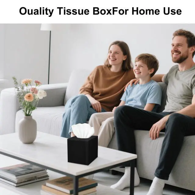 Alt view image 7 of 7 - Black Square PU Leather Tissue Box Cover with Magnetic Bottom Stylish Cube Holder for Napkins, Decorative for Bathroom, Living Room, Office, Car, Nightstand