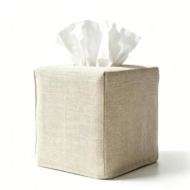 Main image of Tissue Box Cover, Cute Beige Linen Fabric Decorative Square Tissue Box Holder/Organizer for Bathroom Vanity Countertop/Office/Nightstand/Desk