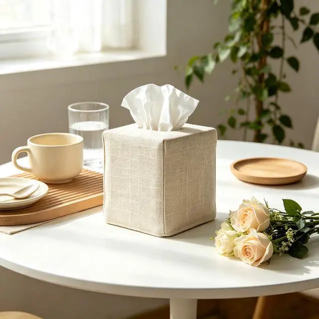 Alt view image 3 of 7 - Tissue Box Cover, Cute Beige Linen Fabric Decorative Square Tissue Box Holder/Organizer for Bathroom Vanity Countertop/Office/Nightstand/Desk