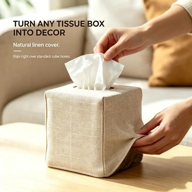 Alt view image 4 of 7 - Tissue Box Cover, Cute Beige Linen Fabric Decorative Square Tissue Box Holder/Organizer for Bathroom Vanity Countertop/Office/Nightstand/Desk