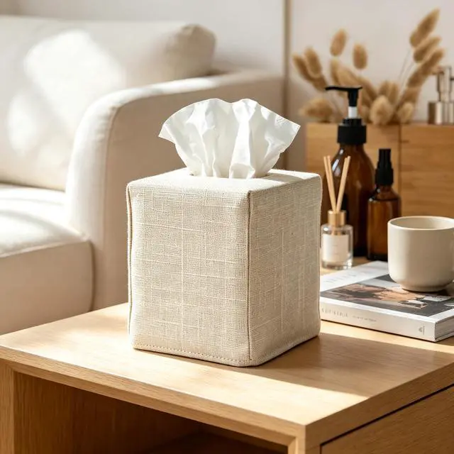 Alt view image 5 of 7 - Tissue Box Cover, Cute Beige Linen Fabric Decorative Square Tissue Box Holder/Organizer for Bathroom Vanity Countertop/Office/Nightstand/Desk